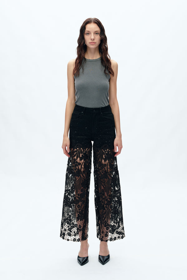 Embroidery High Rise Wide Leg Lace Denim Jeans With Rhinestone (最新版备份)-Wide Leg-BAYEAS