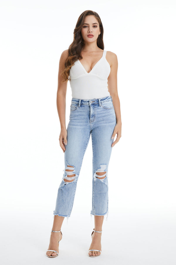 Cropped Distressed Mom Jeans-Flare & Bootcut-BAYEAS