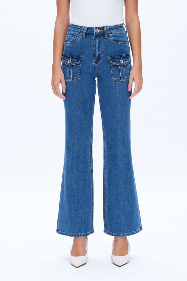 Front Cargo Pockets Flare Jeans-Flare & Bootcut-BAYEAS
