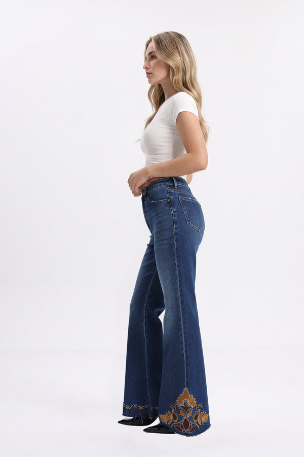 High Rise Embroidered Hem Flare Jeans