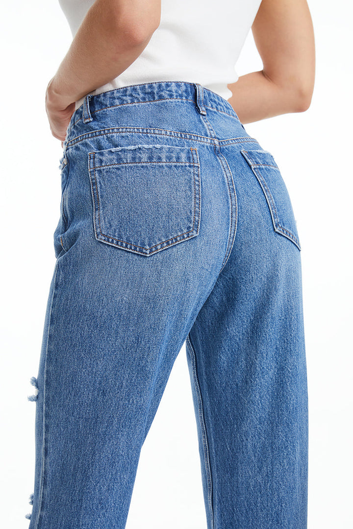 HIGH RISE DISTRESSED MOM DENIM JEANS WITH SLIT