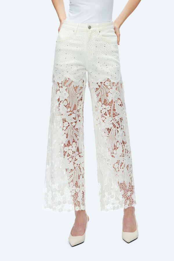 Embroidery High Rise Wide Leg Lace Denim Jeans With Rhinestone (最新版备份)-Wide Leg-BAYEAS