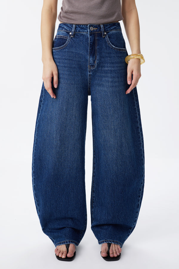 Mid Rise Deep Indigo Barrel Jeans