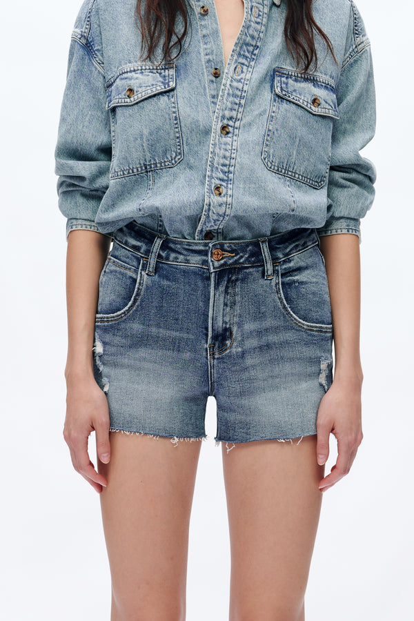 Nova High Rise Grinded Denim Shorts-Shorts-BAYEAS