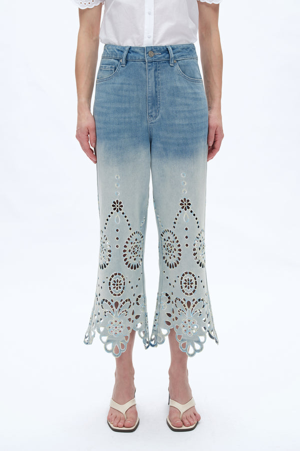 Faded Lace Cut-out Jeans-Wide Leg-BAYEAS