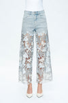 Embroidery High Rise Wide Leg Lace Denim Jeans With Rhinestone (最新版备份)-Wide Leg-BAYEAS