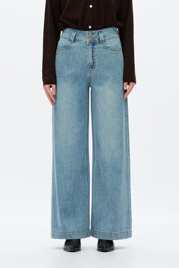Rhinestone Embellished Wide-Leg Jeans-Wide Leg-BAYEAS