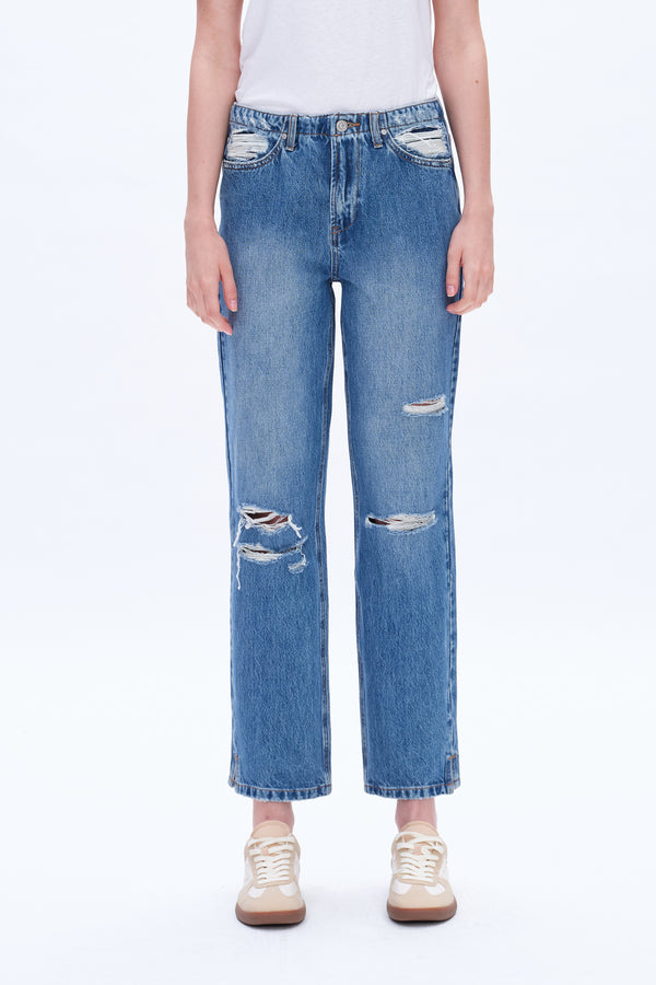 High Rise Distressed Mom Denim Jeans With Slit-Mom Jeans-BAYEAS