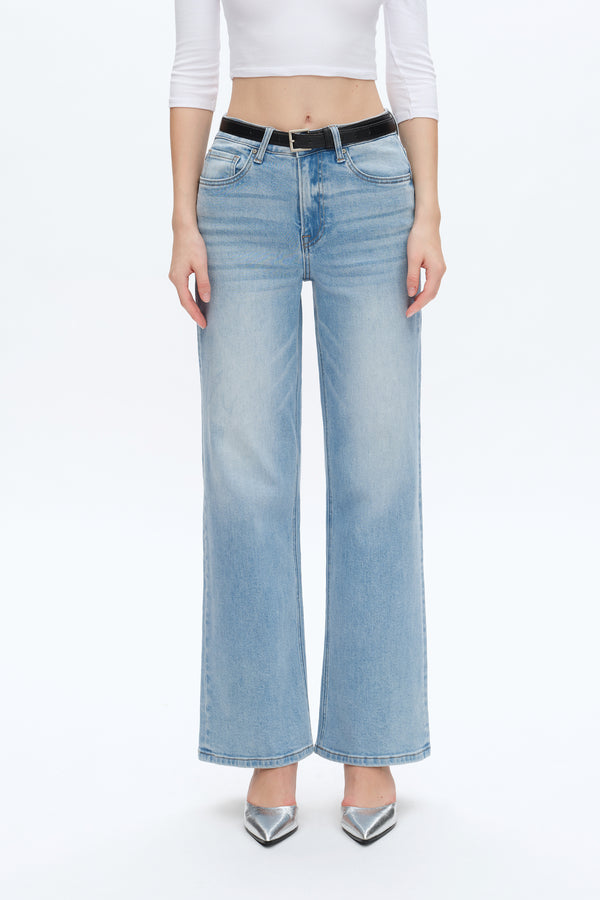 High Rise Straight Leg Denim Jeans-Straight-BAYEAS