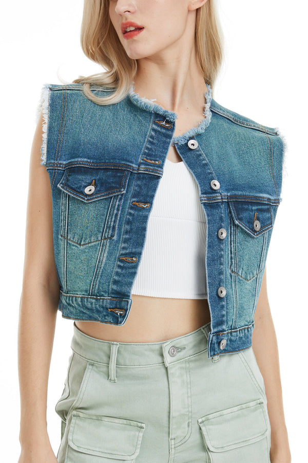 Cassie Cropped Denim Vest-Vest-BAYEAS