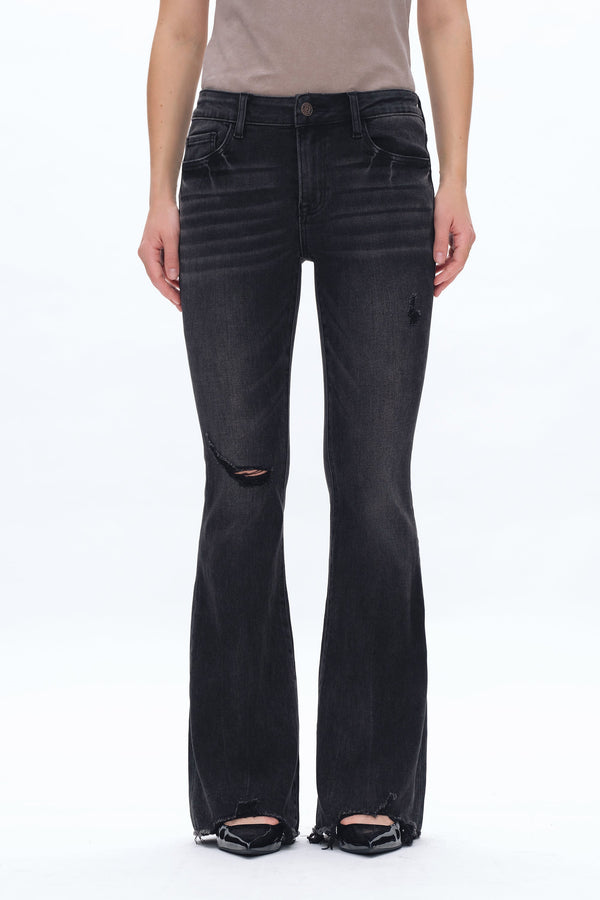 Mid Rise Flare Denim Jeans With Raw Edge Hem-Flare & Bootcut-BAYEAS