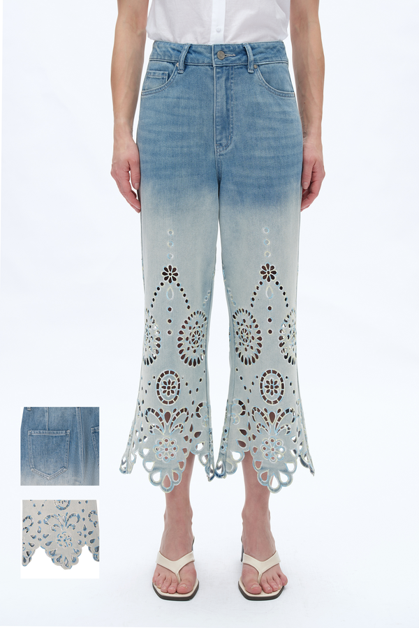 Faded Lace Cut-out Jeans-Wide Leg-BAYEAS