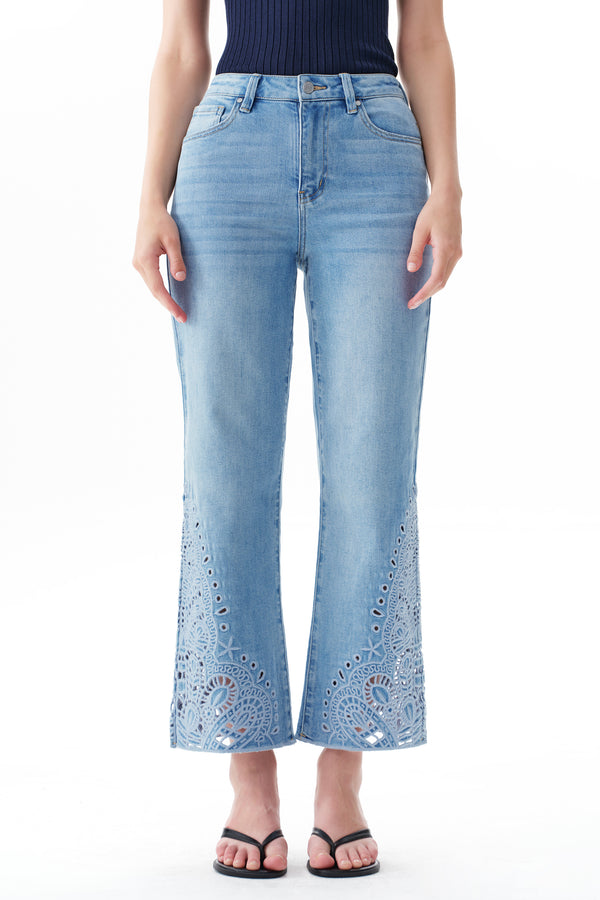High Rise Ankle Embroidered Lace Straight Leg Pants