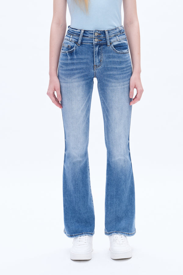 High Rise Flare Denim Jeans With Clean Hem-Flare & Bootcut-BAYEAS