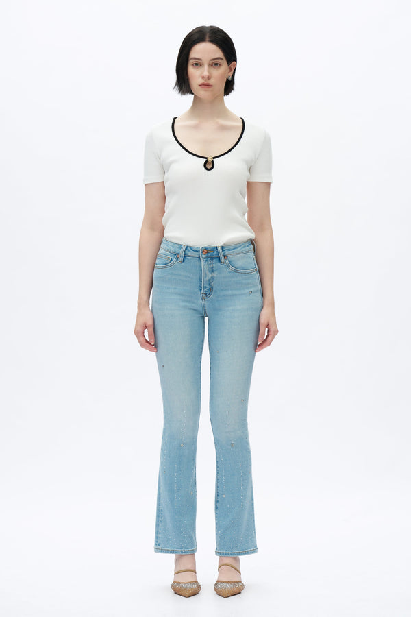 High Rise Rhinestone Jeans-Flare-BAYEAS
