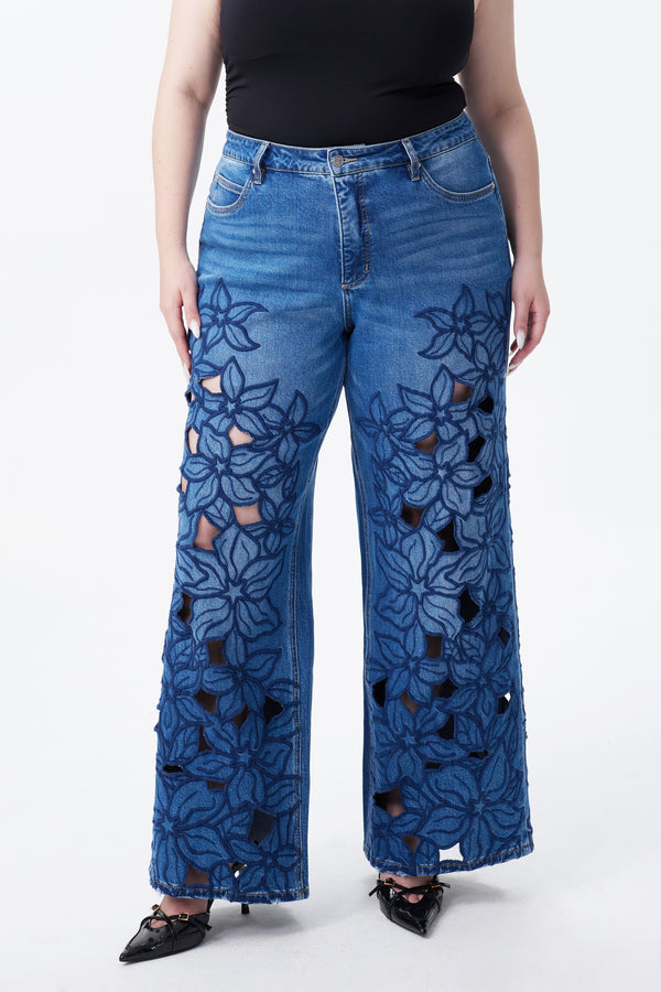 High Rise Embroidered Lace Wide Leg Jeans