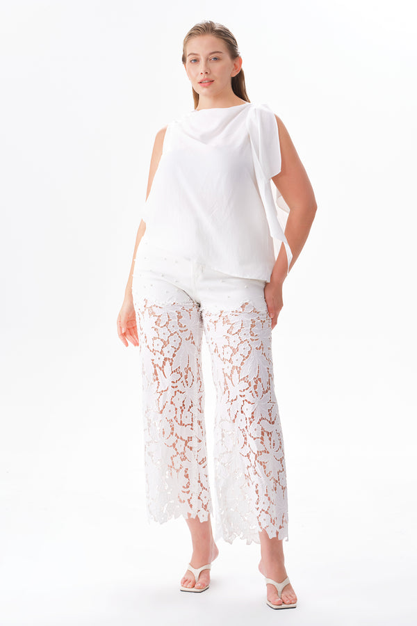 High Rise Floral Embroidered Wide Leg Pants