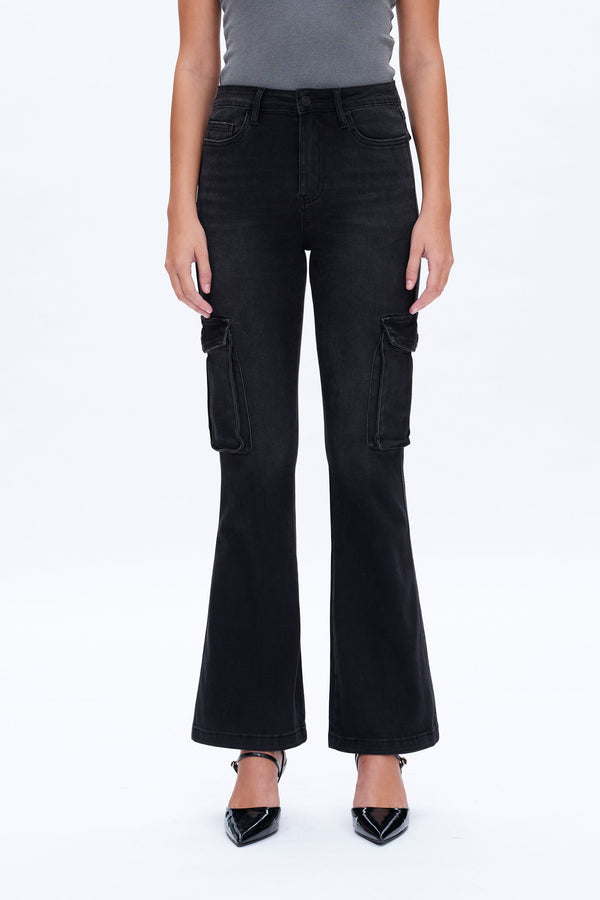 Black Flared Cargo Jeans-Flare & Bootcut-BAYEAS