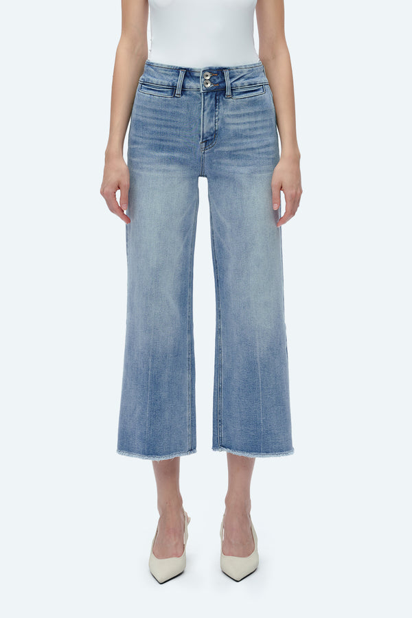 High Rise Wide Leg Denim Jeans With Raw Hem-Wide Leg-BAYEAS