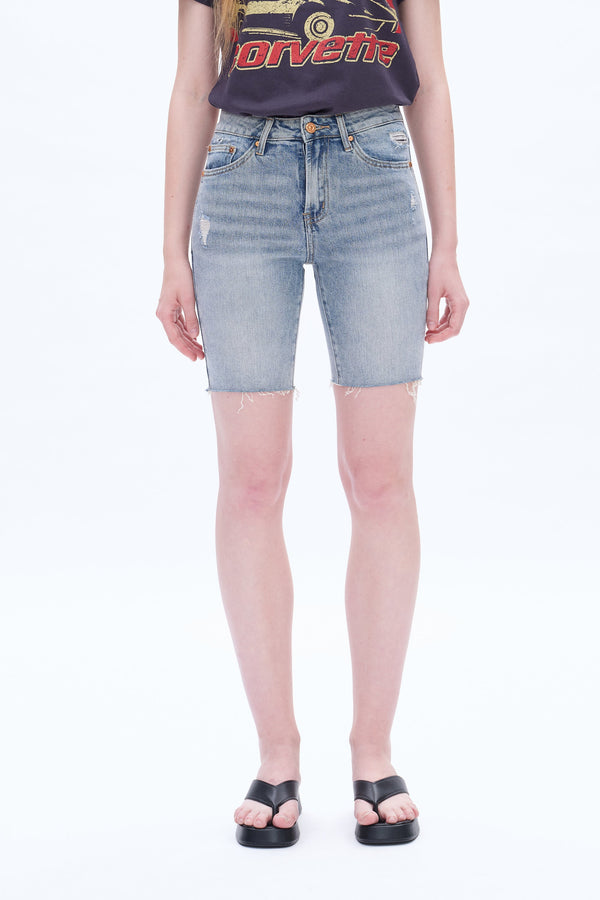 Ally Mid Rise Denim Shorts With Raw Hem-Shorts-BAYEAS