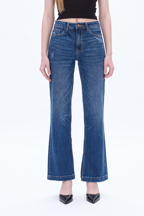 High Rise Straight Denim Jeans With Slit-Straight-BAYEAS