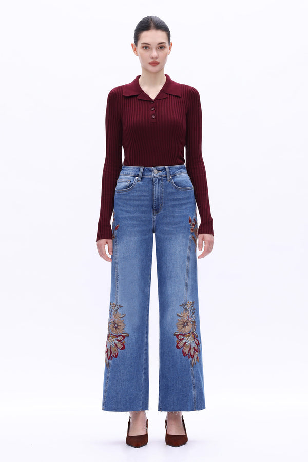 High Rise Embroidered Wide Leg Jeans-Wide Leg-BAYEAS