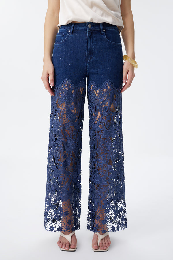 High Rise Ankle Embroidered Lace Wide Leg Jeans