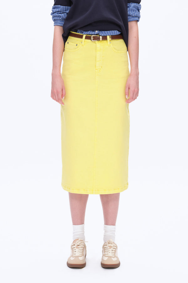 Midi Denim Skirt with Back Slit-Skirts-BAYEAS