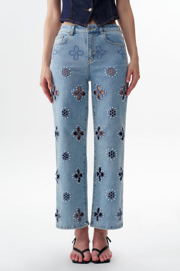 High Rise Floral Embroidered Straight Leg Jeans