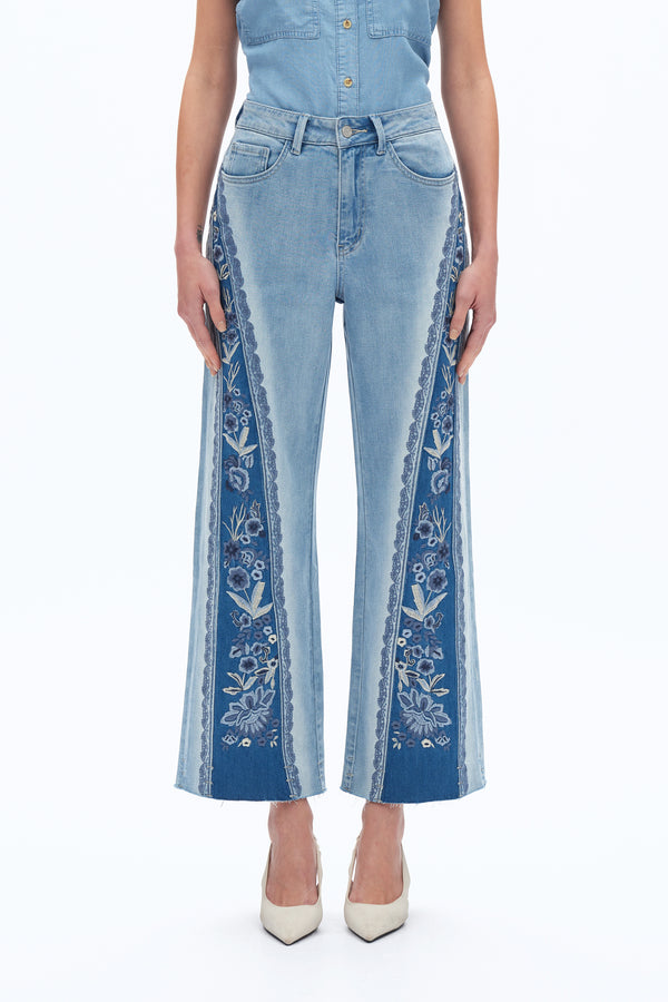 Patchwork Embroidered Wide Leg Jeans-Wide Leg-BAYEAS