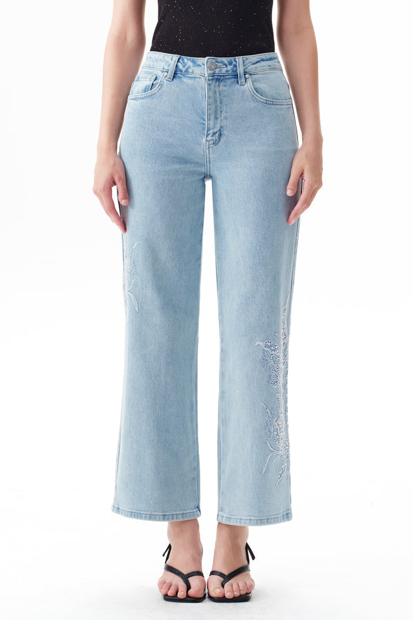 High Rise Ankle Embroidered Straight Leg Jeans