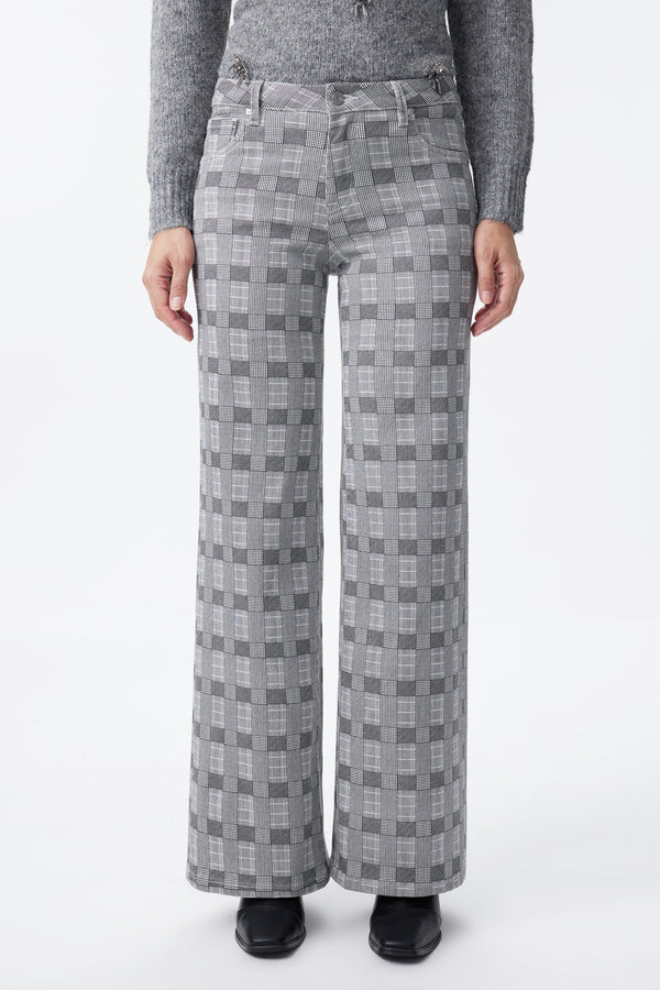 Mid Rise Check Print Wide Leg Pants