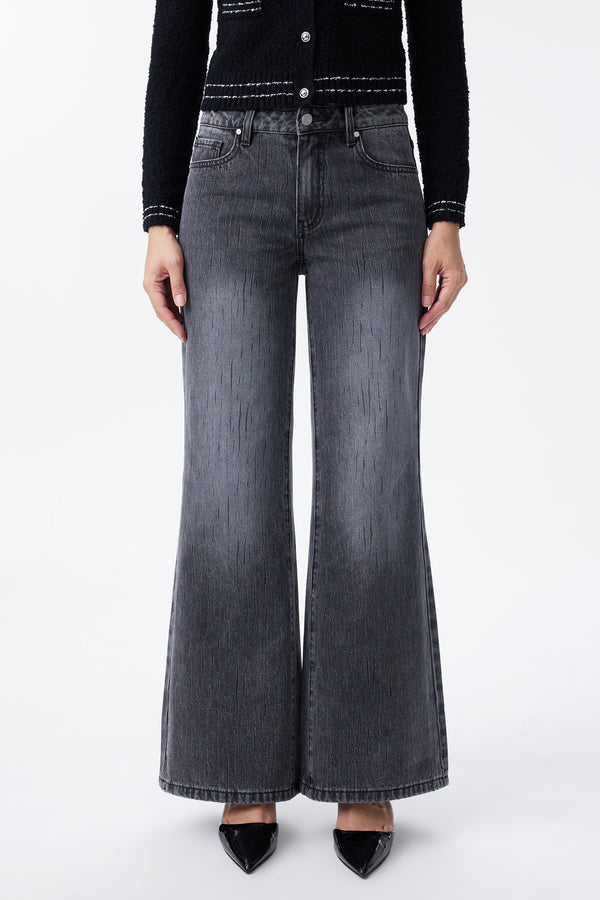 Mid Rise Textured Stripe Wide Leg Jeans