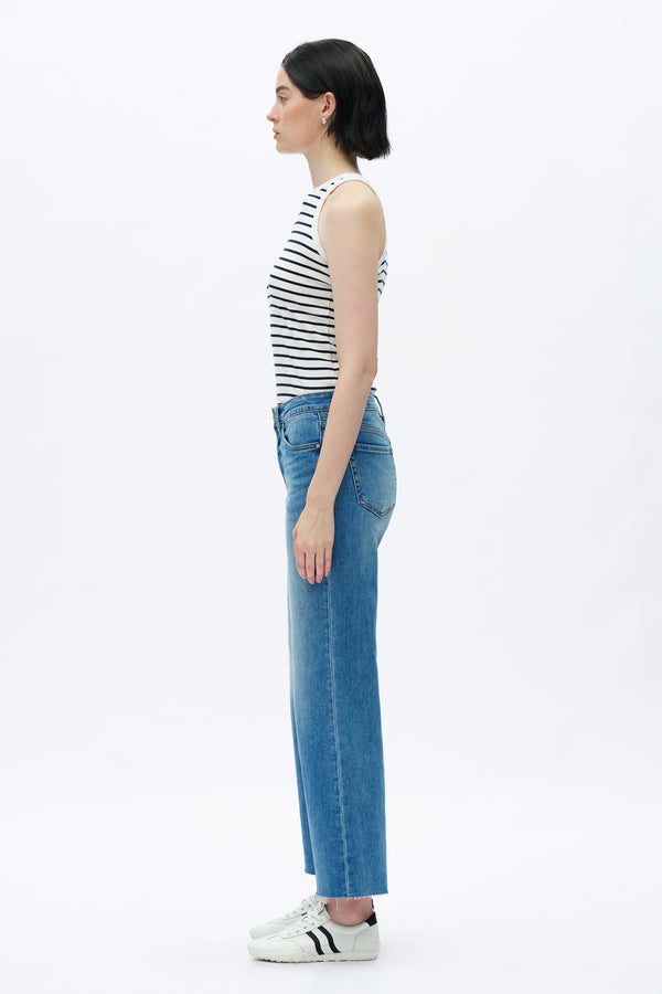 Mid Rise Wide Leg Denim Jeans With Raw Hem