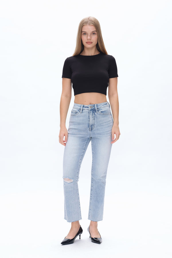 High Rise Straight Raw Hem Denim Jeans-Straight-BAYEAS