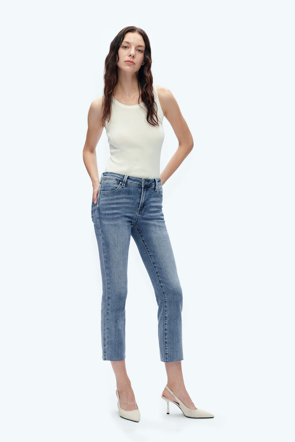 Mid Rise Cropped Raw Hem Straight Leg Jeans