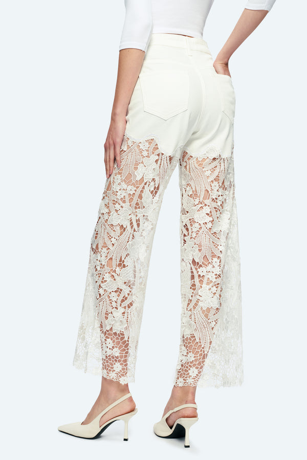 Embroidery High Rise Wide Leg Lace Denim Jeans With Rhinestone (最新版备份)-Wide Leg-BAYEAS