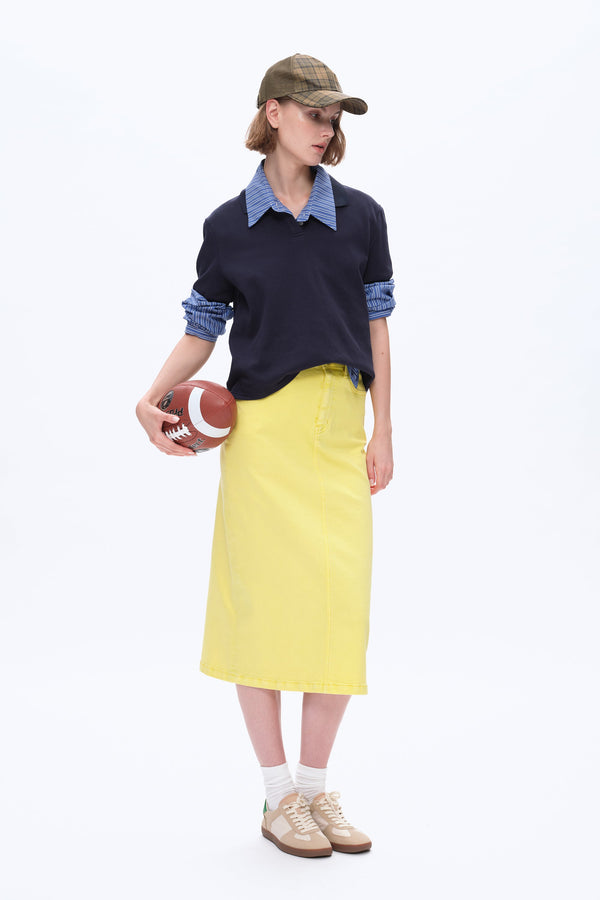 Midi Denim Skirt with Back Slit-Skirts-BAYEAS