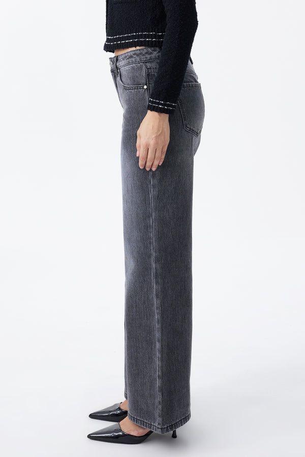 Mid Rise Textured Stripe Wide Leg Jeans