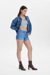 High Rise Denim Shorts With Raw Hem-Shorts-BAYEAS