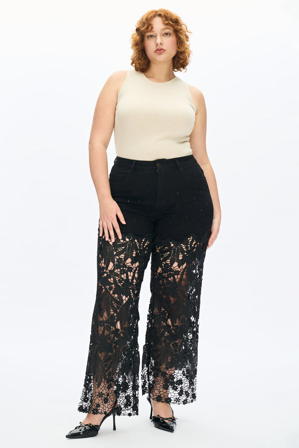 Embroidery High Rise Wide Leg Lace Denim Jeans With Rhinestone (最新版备份)-Wide Leg-BAYEAS