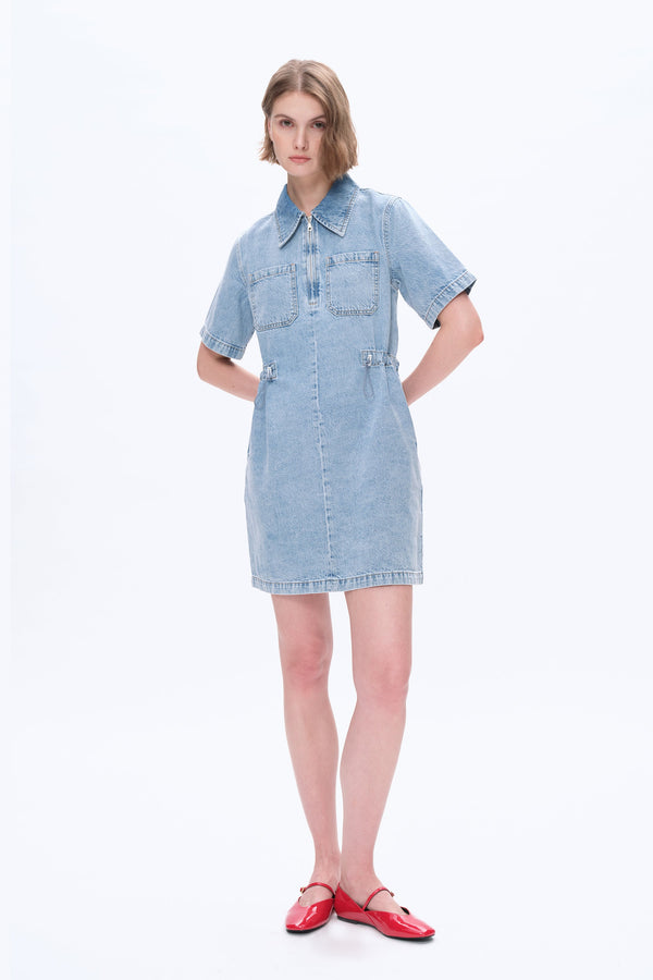 Shirt Dress with Chest Zipper-Dresses-BAYEAS