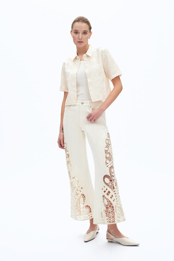 Embroidered High Rise Wide Leg Pants-Wide Leg-BAYEAS