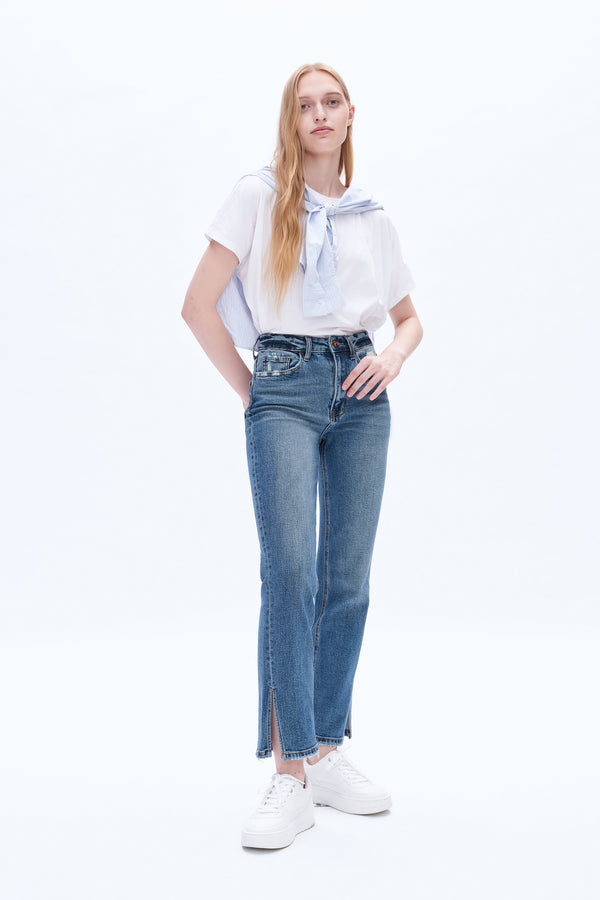 High Rise Straight Denim Jeans With Slit-Straight-BAYEAS