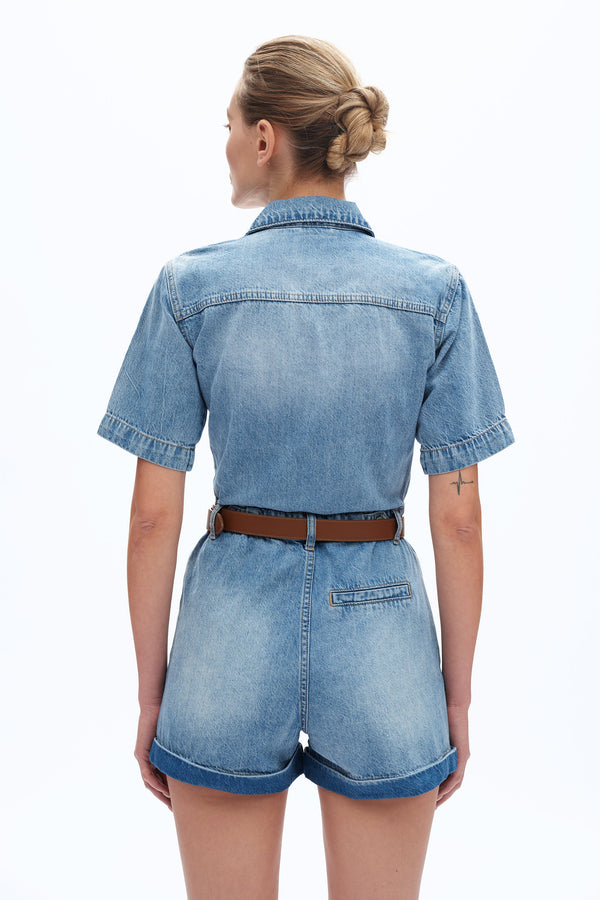 Boxy Fit Denim Romper-Rompers-BAYEAS