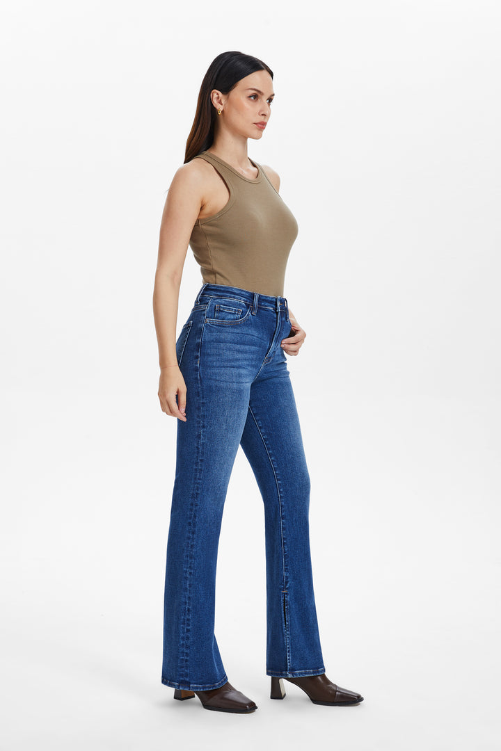 HIGH RISE FLARE DENIM JEANS WITH SLIT
