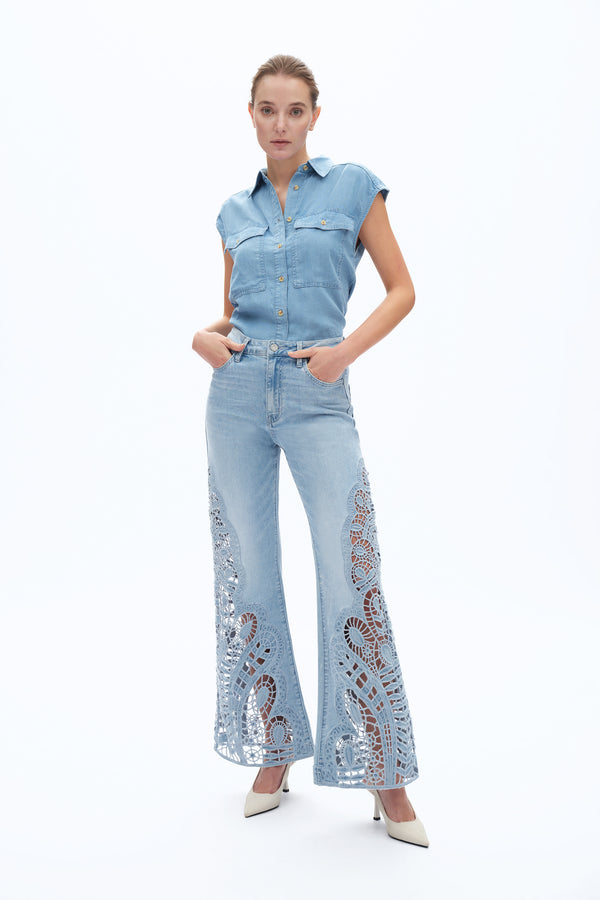 Lace Patchwork Wide Leg Jeans-Wide Leg-BAYEAS