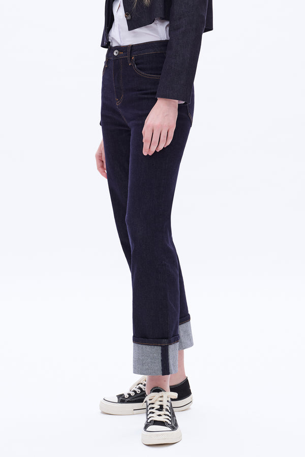 High Rise Straight Cuffed Denim Jeans