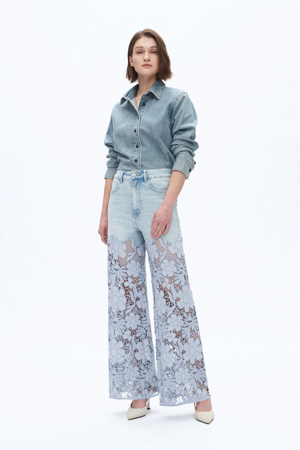 Beaded Patchwork Wide Leg Jeans-Wide Leg-BAYEAS