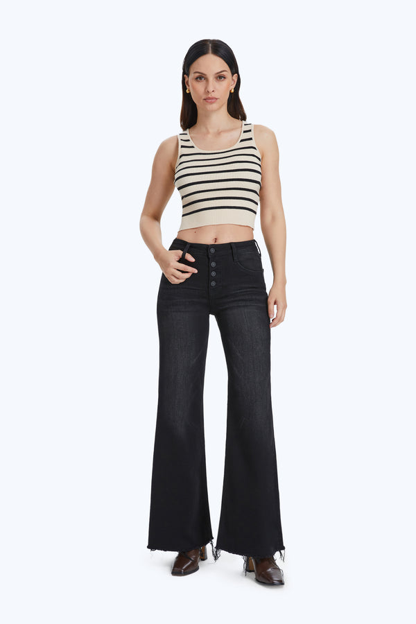 High Rise Wide Leg Denim Jeans With Frayed Hem